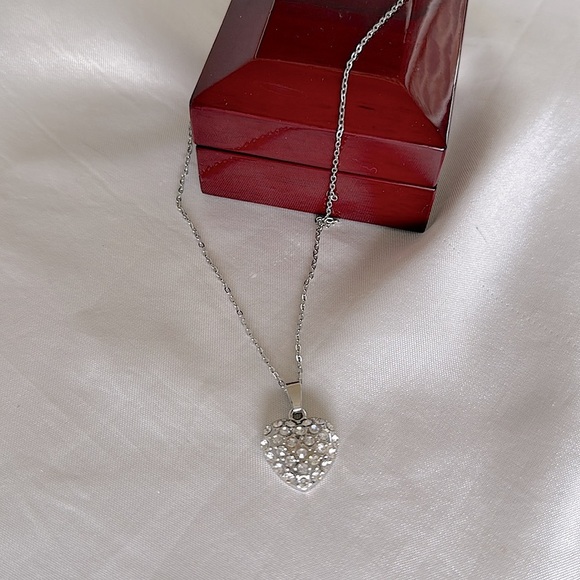 Romantic Silver Heart Pavé Rhinestone Pendant 18” Necklace - Picture 1 of 11